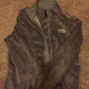 Gray fuzzy north face jacket
